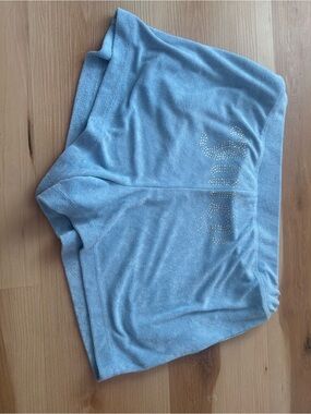 Juicy Couture Light Blue Terry Lounge Shorts with Rhinestone Script